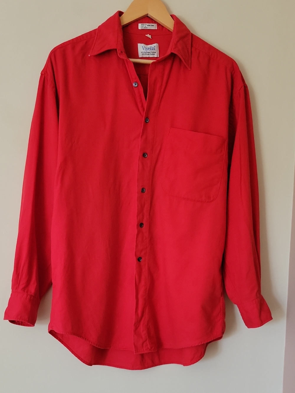 Vintage Men's Viyella Red Long Sleeve Button Down Cotton Wool Blend Shirt Medium